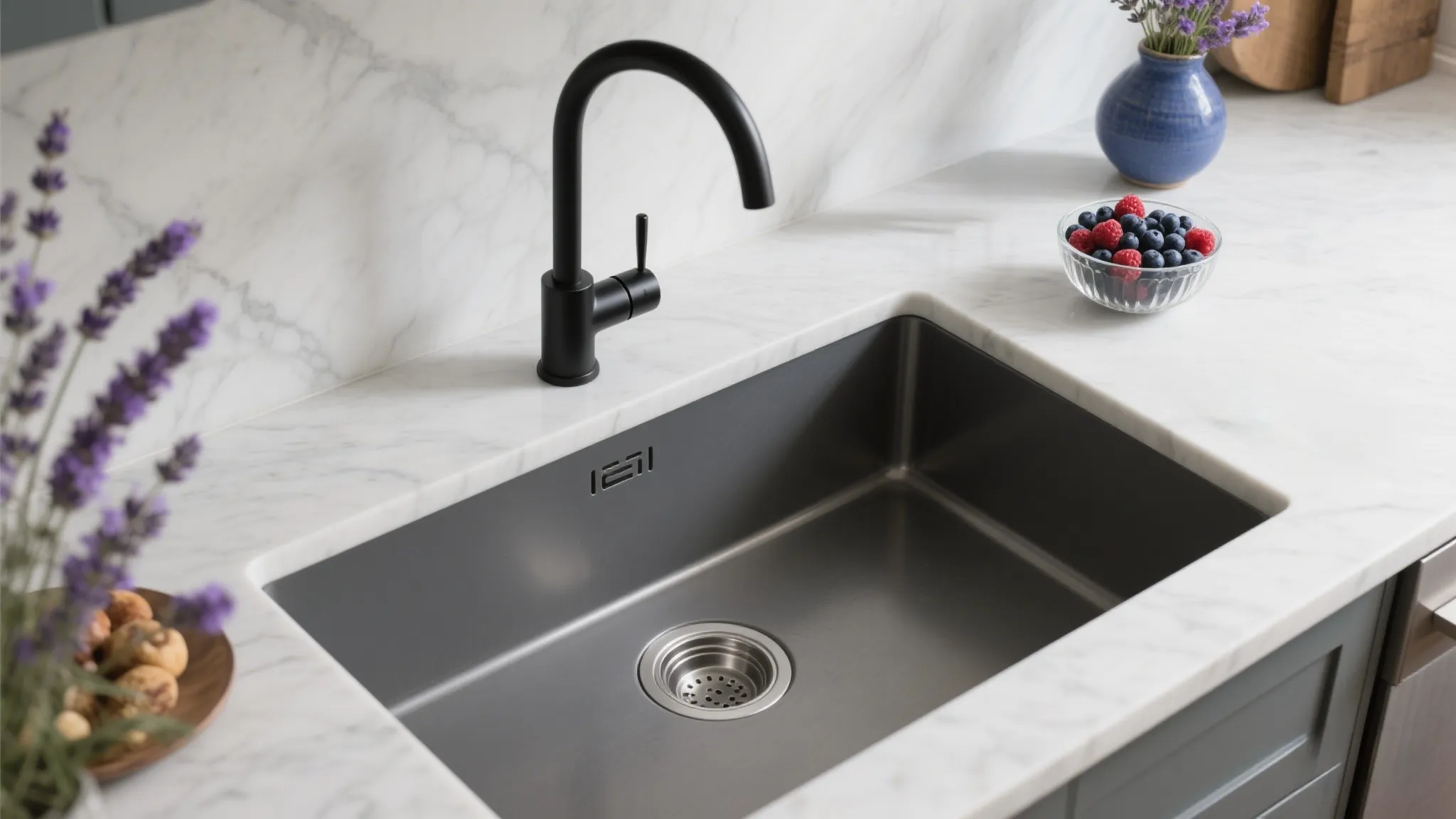 Minimalist black kitchen island with rectangular stainless steel sink, silver faucet, bright windows, white walls, and small plant decoration